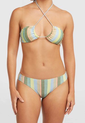 Stripete bikinisett med pastellfarger i en blanding av grønt, blått, rosa og gult. Overdelen har en rynket design med justerbare snorer.