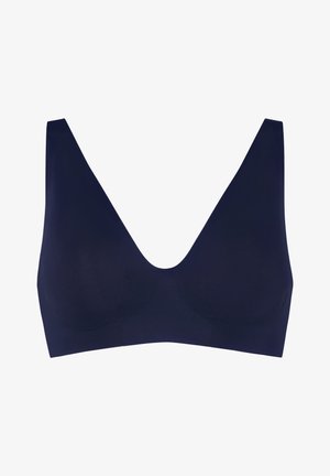 Brassière sans couture bleu marine avec larges bretelles et décolleté en V profond, conçue pour un maintien léger et un confort optimal.