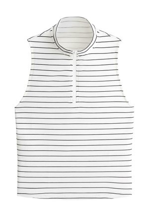 Haut blanc sans manches zippé avec des rayures horizontales noires et un col montant.