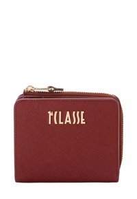 Portafoglio in tessuto rosso con finitura a trama, dettagli in metallo color oro e logo impresso sul davanti. Chiusura con cerniera lungo la parte superiore.