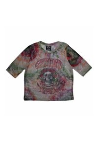 Tie-dye T-shirt in green, red, and pink with 3/4 sleeves. Features a graphic of a skull with roses and "Grateful Dead Halloween 1993."