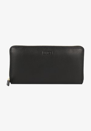 Black leather wallet with textured finish, zip closure, and embossed logo. Rectangular shape with gold hardware accents.