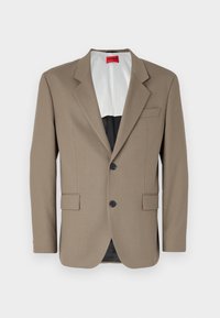 Brown blazer made of textured fabric, featuring a single-breasted design, two front pockets, and a notched lapel. Lining in contrasting colors.