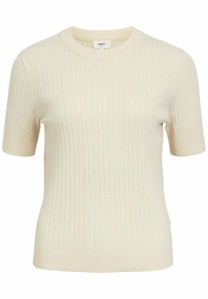 Krem pulover s kratkimi rokavi iz rebraste pletenine z okroglim izrezom in subtilno teksturo, ki ima oprijet kroj ter rebraste manšete in spodnji del.