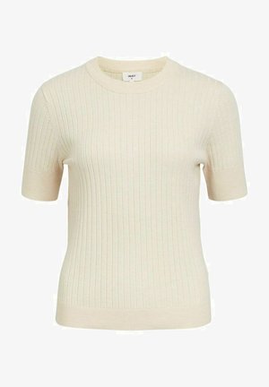 Krem pulover s kratkimi rokavi iz rebraste pletenine z okroglim izrezom in subtilno teksturo, ki ima oprijet kroj ter rebraste manšete in spodnji del.