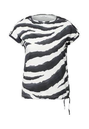 T-shirt à manches courtes rayé noir et blanc en tissu léger, avec un col rond et un détail de cordon de serrage ajustable sur les côtés.