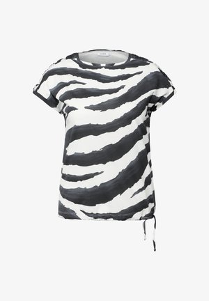 T-shirt à manches courtes rayé noir et blanc en tissu léger, avec un col rond et un détail de cordon de serrage ajustable sur les côtés.
