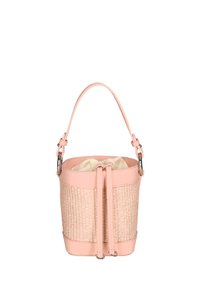 Borsa a secchiello rotonda con corpo in paglia intrecciata, dettagli in pelle rosa liscia e un interno in tessuto chiaro. Include una tracolla regolabile.