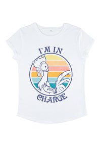 Hvid kortærmet t-shirt med et grafisk motiv af en kylling med en krone. Teksten "JEG BESTEMMER" står over en pastelstribet baggrund.