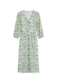 Blumiges Midi-Kleid mit V-Ausschnitt, Dreiviertelärmeln, elastischem Bund und einem blauen, grünen sowie weißen Blumenmuster auf einem hellen Hintergrund.