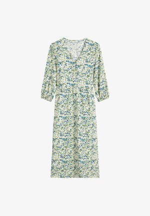 Robe midi florale avec un décolleté en V, des manches trois-quarts, une taille élastique et un motif floral bleu, vert et blanc sur un fond clair.