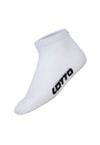 Calza bianca alla caviglia in misto cotone con polsino elastico. Presenta un logo nero "LOTTO" di lato, una superficie liscia e un design aderente.