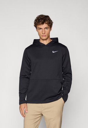 Black long-sleeve hoodie made of lightweight fabric with a kangaroo pocket, featuring a small white Nike logo on the chest.