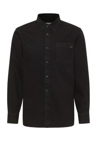 Camicia nera a maniche lunghe con bottoni, realizzata in denim, con colletto morbido, taschino sul petto e dettagli del logo discreti. Texture liscia.