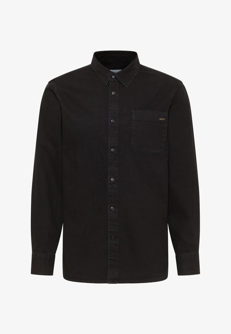 Camicia nera a maniche lunghe con bottoni, realizzata in denim, con colletto morbido, taschino sul petto e dettagli del logo discreti. Texture liscia.