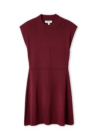 Bordové pletené šaty s vysokým výstřihem, krátkými rukávky a přiléhavým trupem, s rozšířenou sukní. Hladká textura s minimem designových detailů.