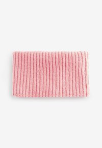 Fascia per capelli in tessuto a coste rosa con superficie testurizzata, caratterizzata da sottili strisce verticali e un aspetto morbido e peloso.