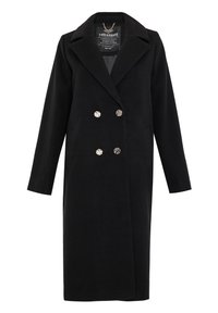 Cappotto di lana nera con design doppiopetto, colletto a punte e bottoni argentati. Il cappotto ha maniche lunghe e tasche laterali.