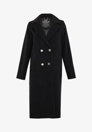Zwarte wollen jas met een dubbelzijdig ontwerp, een geknipt kraag en zilveren knopen. De jas heeft lange mouwen en zijzakken.