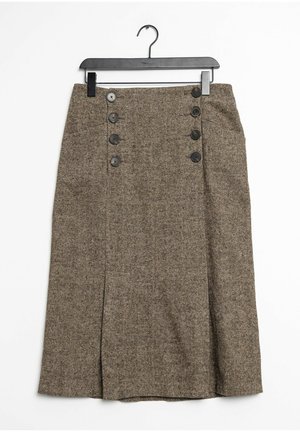 Brown tweed skirt with a fitted waist, side buttons, and a front slit, hanging on a black hanger.