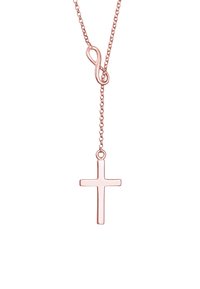 Rosen-guld halskæde med en tynd kæde og et minimalistisk korsvedhæng. Har en uendeligheds-lænke detalje, glat overflade og poleret finish.