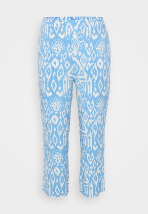 Himmelblaue Capri-Hosen mit einem weißen geometrischen Muster. Hergestellt aus einem weichen, dehnbaren Stoff mit einem elastischen Bund.