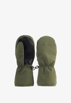 Guanti verdi con un morbido tessuto esterno, palmo in pelle, polsini elastici e un clip di collegamento per una conservazione sicura. Fodera interna morbida.