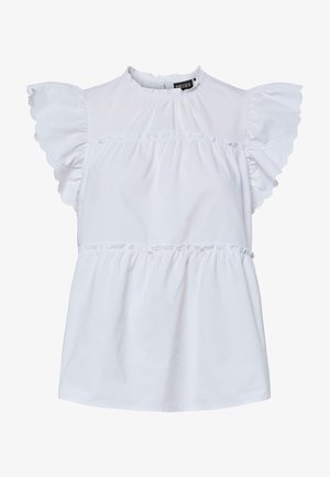 Hvit kortermet bluse med rysjete ermer, høy rynket halslinning og detaljer med rynket midje.