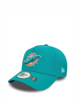 Teal adjustable baseball cap with Miami Dolphins logo embroidered on front and New Era brand logo on side.