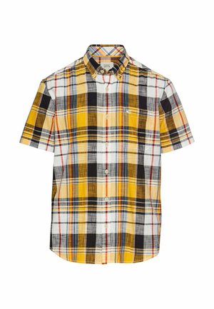 Korte mouwen geruite blouse in geel, zwart en wit; heeft verschillende ruitpatronen, een button-down kraag en een klein logo-detail.