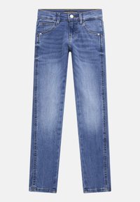 Modré džíny z denimu se střihem rovného nohavice, s předními kapsami a jemným vyblednutím. Tkanina má hladkou strukturu s akcenty šití.