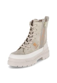 Beżowe zamszowe botki za kostkę z białą gumową podeszwą, sznurowanym przodem, znakowanym panelem bocznym i zapięciem na zamek błyskawiczny. Posiadają teksturowaną podeszwę i miękką podszewkę.