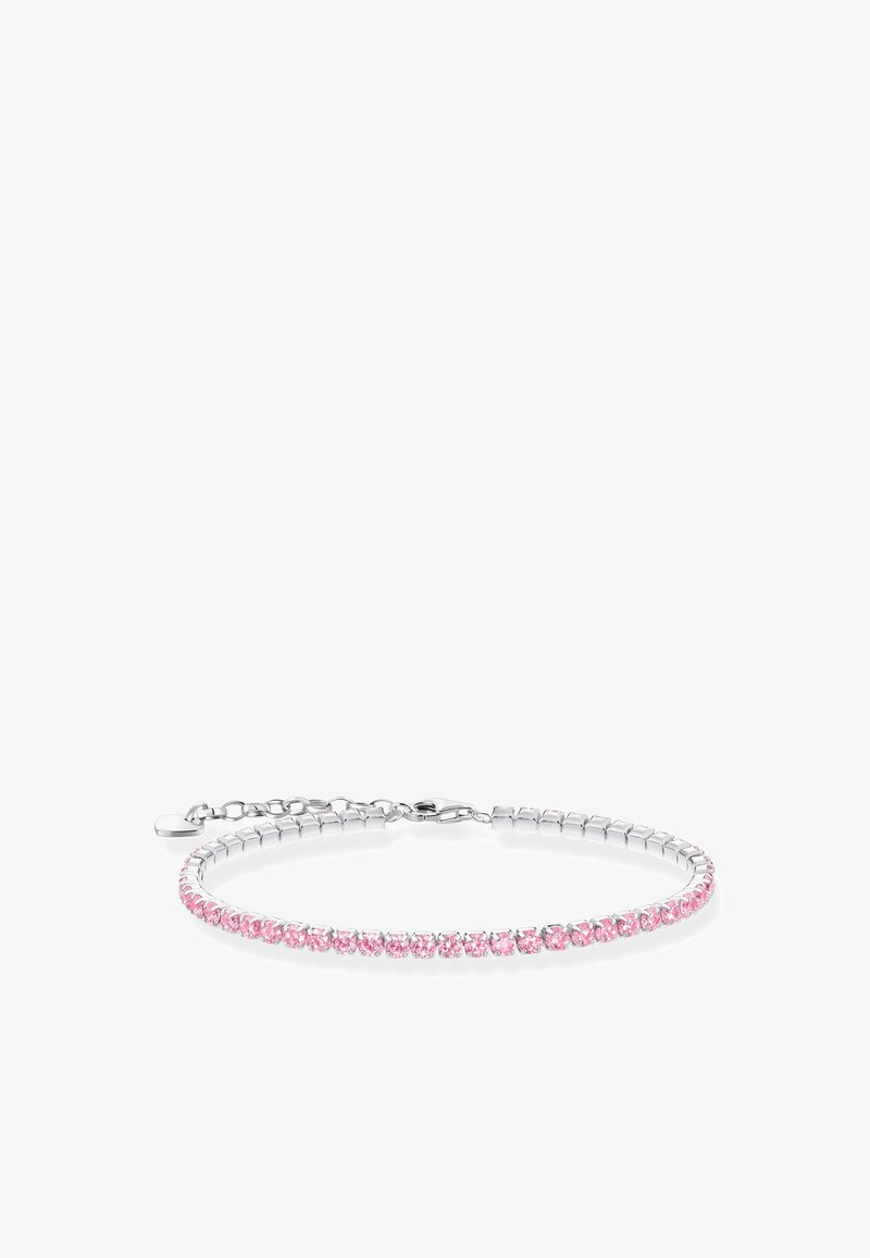 Bracelet en argent avec des cristaux roses alignés, sections à maillons et fermoir en homard pour la fermeture. Texture lisse et brillante.