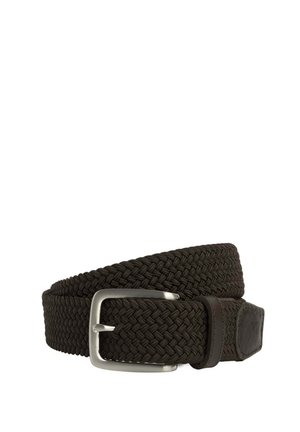 Braided woven belt in dark brown with a textured finish. Features a silver metal buckle and a leather accent near the buckle.