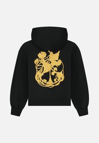 Zwarte hoodie met een grote, ingewikkelde gouden bloemen- en vlinderborduring op de achterkant. Glad materiaal met geribde manchetten.