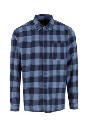 Mörkblå och blå rutig skjorta med lång ärm i flanell. Har en krage, knäppning framtill och en enda bröstficka med ett rutmönster.