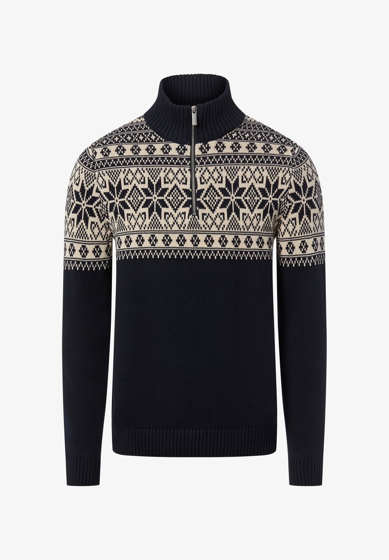 Marineblauer Pullover mit hohem Kragen, halbem Reißverschluss und cremefarbenem nordischem Muster mit Schneeflocken und geometrischen Formen auf der Brust.