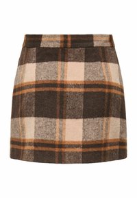 Bruine geruite rok van zachte stof, met een groot ruitpatroon in tinten bruin, beige en roest. Rechte zoom.