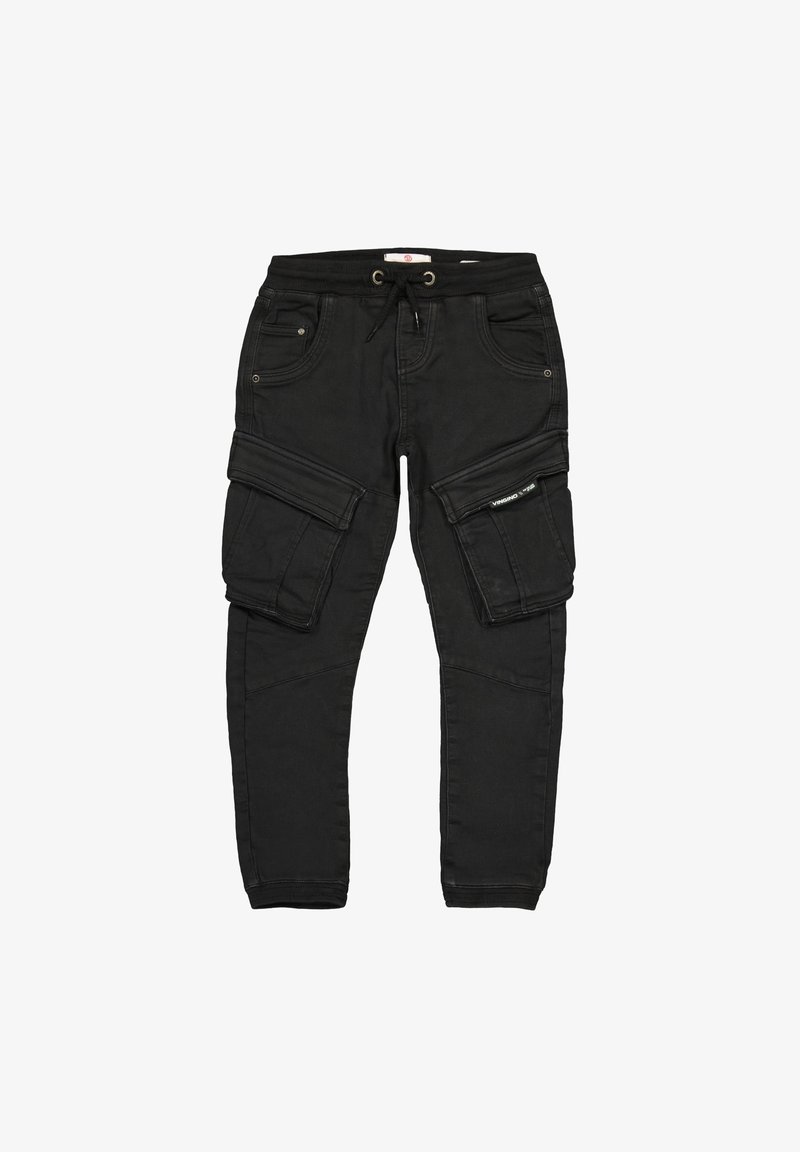 Pantalon cargo noir avec une coupe fuselée, plusieurs poches latérales, une taille à cordon de serrage et un tissu texturé pour plus de durabilité.