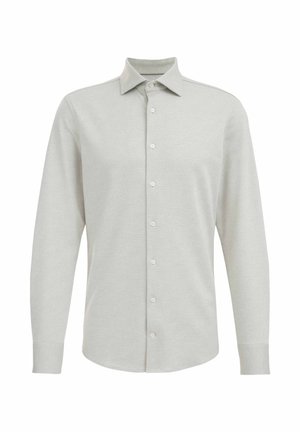 Šviesiai pilkos spalvos ilgo rankovės marškiniai, pagaminti iš minkštos tekstūruotos medžiagos. Yra plačios apykaklės ir standartinė sagų uždarymo sistema.