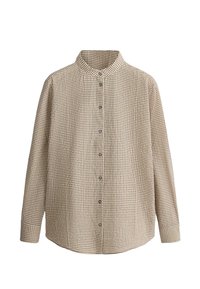 Chemise beige et marron à carreaux, manches longues, boutonnée, avec col montant et ourlet arrondi, présentée sur fond blanc.