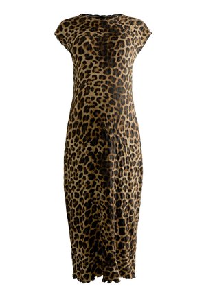 Vestido de estampado de leopardo hecho de tela ligera, con mangas cortas, un corte recto y detalles de dobladillo deshilachado.