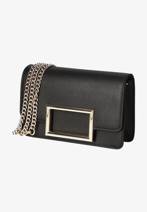 Musta tekonahkainen clutch-laukku, jossa on suorakaudenmuotoinen kullanvärinen kehys, ketjuhihna ja sileä pinta. Sisältää taitettavan rakenteen.