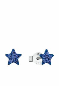 Orecchini a forma di stella argentata con cinque piccoli cristalli blu incastonati in ciascuna stella.