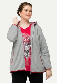 Grauer Reißverschluss-Hoodie mit rotem Innenfutter und bestickten Akzenten, getragen über einem roten T-Shirt mit einem Hirsch-Graphic. Weicher Stoff, lockere Passform.