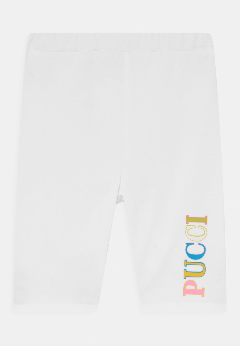 Bermudas brancas de algodão com uma textura suave e uma cintura elástica. Logótipo multicolorido e audacioso "PUCCI" na perna esquerda.