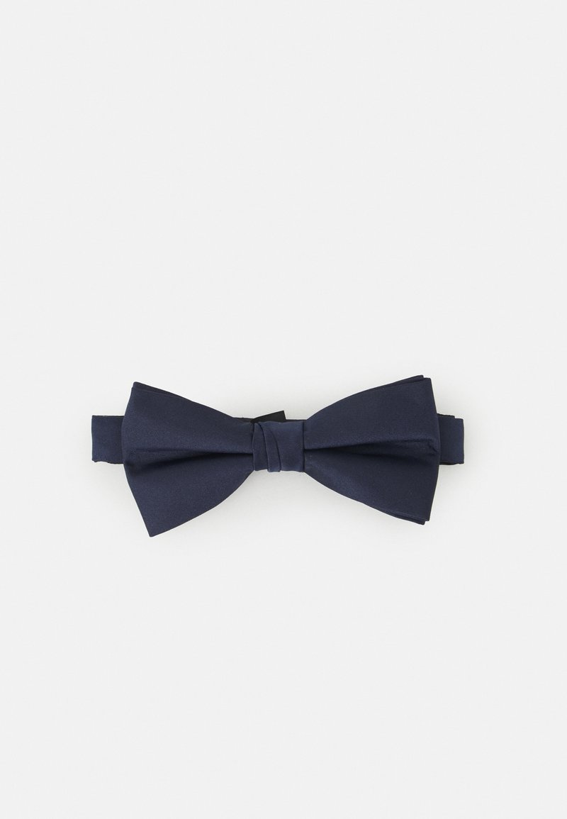 Navy blue bow tie made of smooth fabric, featuring a classic shape with a central knot and adjustable strap for fastening.