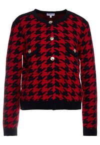 Czarny i czerwony kardigan w wzór houndstooth z długimi rękawami, okrągłym dekoltem i złotymi guzikami. Posiada dwie przednie kieszenie.
