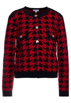 Rood en zwart pied-de-poule patroon cardigan met lange mouwen, ronde halslijn en gouden knopen. Voorzien van twee voorkruizen.