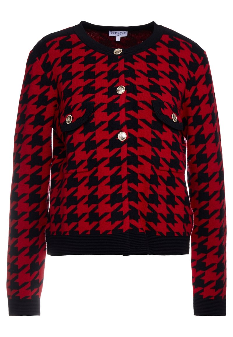 Czarny i czerwony kardigan w wzór houndstooth z długimi rękawami, okrągłym dekoltem i złotymi guzikami. Posiada dwie przednie kieszenie.